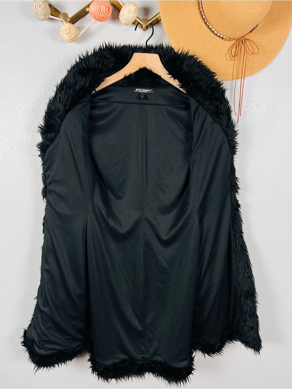 Vintage 90s Betsey Johnson Black Velvet Floral Embroidered Fur Trim Penny Lane - Picture 6 of 12